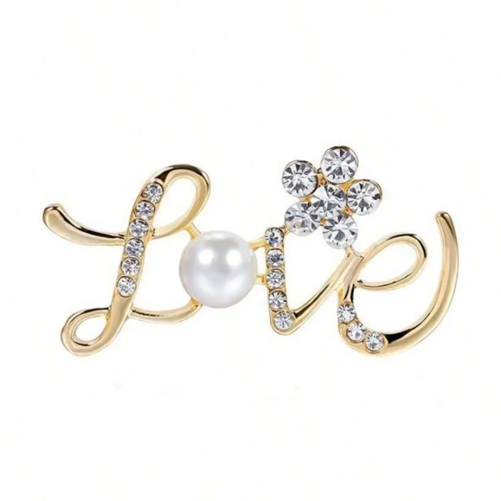 3for$20 1pc Love Letter Crystal & Faux Pearl Flower Brooch Pin